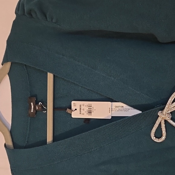 Express Dark Green Rhinestone Bow Cardigan Size Large NWT - Picture 5 of 9